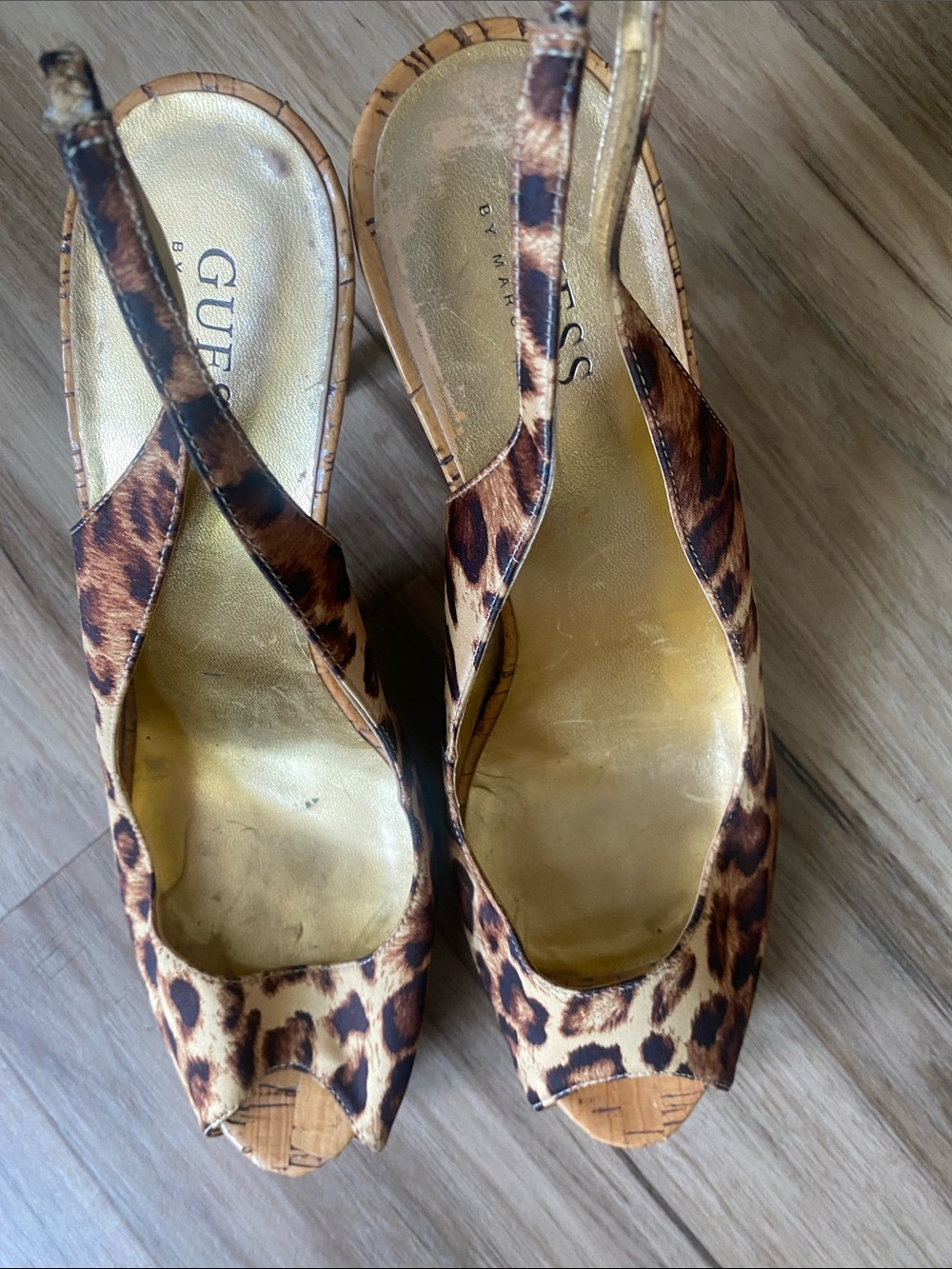 GUESS Leopard-Print Peep-Toe Slingback Heels in Brown and Gold